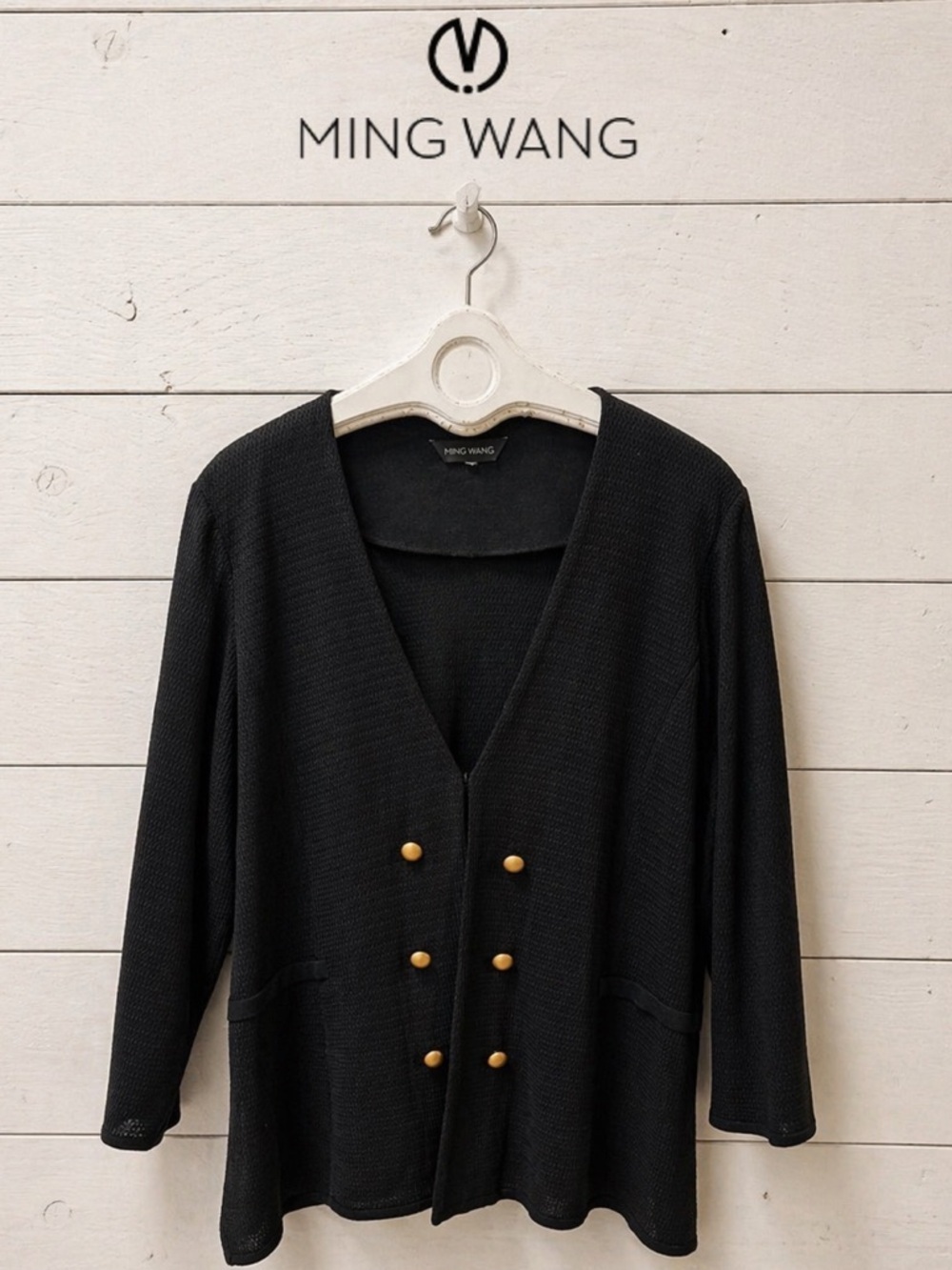 MING WANG Black Textured Knit Jacket Gold Buttons Size 3X (Estimated)